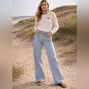 Flamingals light wash stretchy drawstring wide leg jeans size L FG9-5